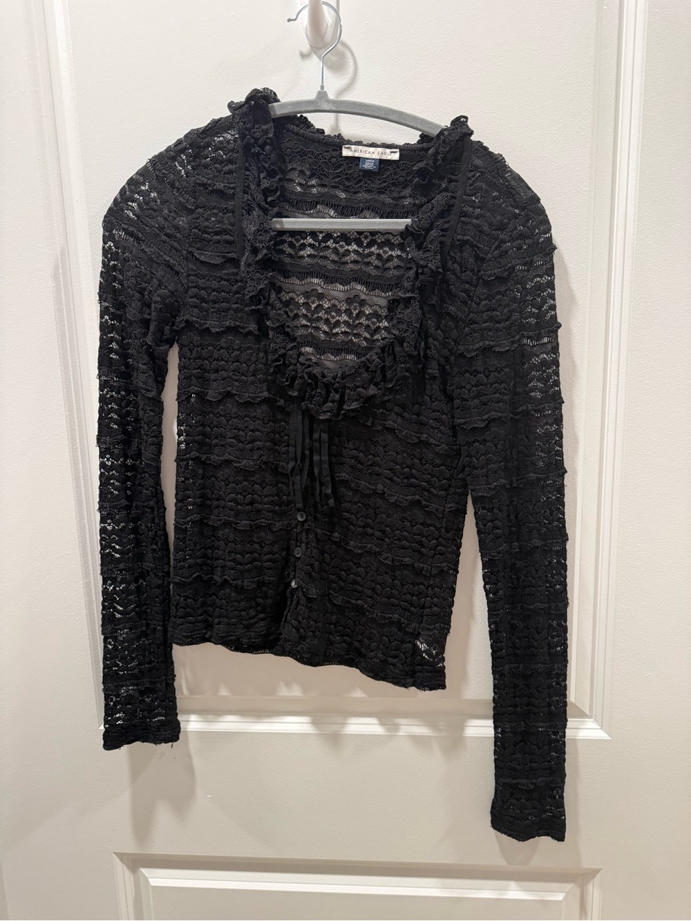 American Eagle Outfitters Black Lace Ruffle-Trim Button Front Top